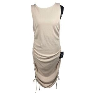 Lulus Beige Ribbed Ruched Sleeveless Bodycon Midi Dress XL Bump Friendly NWT